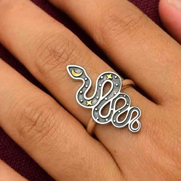 Artisan Celestial Sterling Silver Snake Ring with Bronze Star and Moon - Picture 2 of 4
